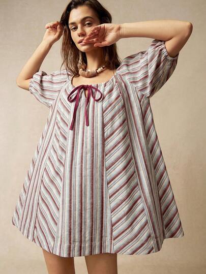 Bohemela Women's Spring/Summer Casual Woven Striped Dress Featuring Vintage-Inspired Stripes And Puff (Bubble) Sleeves For A Charming, Retro Yet Effortless Silhouette. Breezy And Easy To Style-Perfect For Warm-Weather Days When You Want A Polished Look With Minimal Effort.Ideal For Everyday Outings, Girls' Meetups, Music Festivals, Country Concerts, Parties, Beach Outfits, And Summer Vacations.