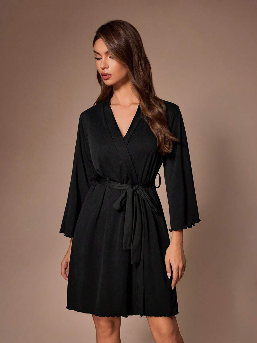 Lazeform Women's Textured Rib Knit Sleepwear Robe - Black - View 1