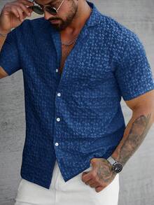 Manfinity Homme Men's Solid Color Minimalist Daily Wear Polo Collar Short Sleeve Textured Shirt - Royal Blue - View 6