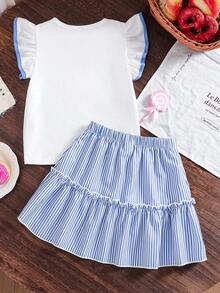 2pcs/Set Young Girl' Ruffle Sleeve Top With Interesting Ice Cream Print White Skirt Summer - Multicolor - View 3