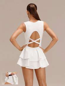 GLOWMODE Game On Buttery-Soft Quick-Dry Removable Cups Built-In Shorts Side Pockets Squareneck Cutout Back Tiered Tennis Dress Golf Pickleball Gym - White - View 1