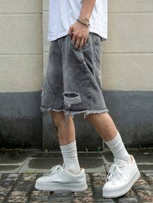 Manfinity EMRG Men's Plain Frayed Edge Pocket Ripped Fashionable Denim Shorts Ripped Denim Shorts Men - Light Grey - View 3