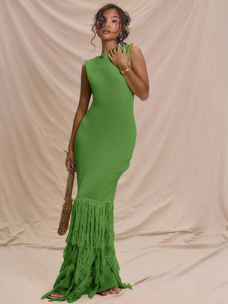 MUSERA Đầm maxi không tay, chất liệu gân, viền tua rua, thích hợp cho kỳ nghỉ hè, du lịch biển Ibiza, hẹn hò mùa đông, phong cách Nashville, lễ hội mùa xuân, kỳ nghỉ - màu xanh lá - Xem 1