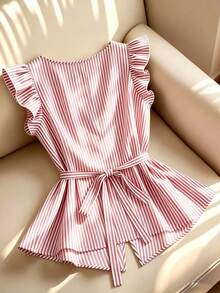 con volantes y rayas, adecuada para uso casual, vacaciones, playa, ir al trabajo - Rosa - Ver 2