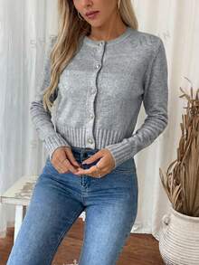 SHEIN LUNE كارديجان نسائي كاجوال خفيف الوزن، لون أحادي، بسيط، متعدد الاستخدامات للارتداء اليومي، للربيع/الخريف - رمادي - مشاهدة 3