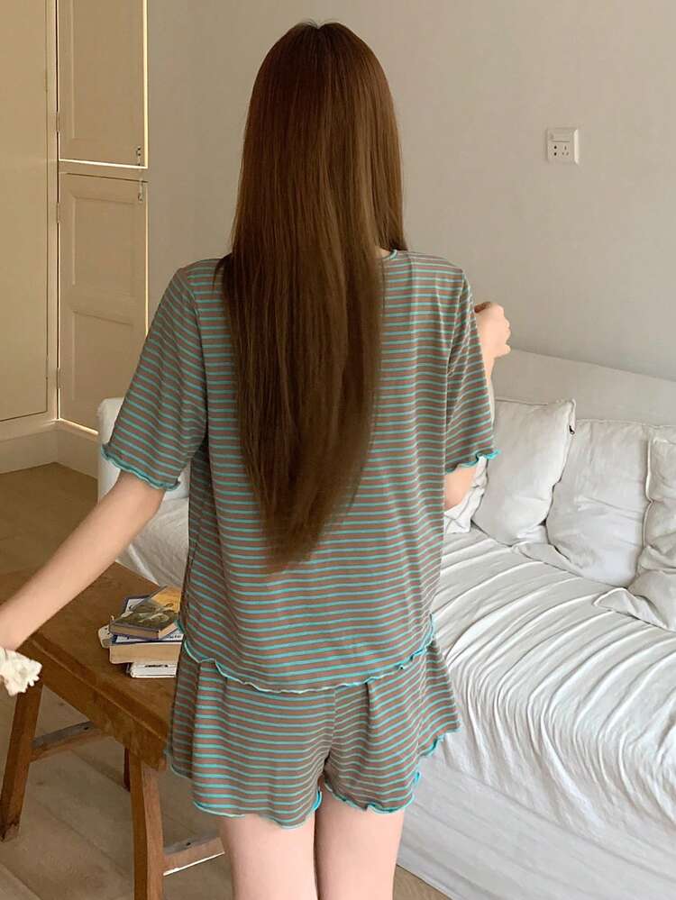 Women's Comfortable Striped Short Sleeve Pajama Set