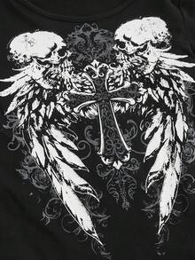 ROMWE Goth 大码韩流做旧十字翼骷髅对称设计T恤 - 黑色 - 查看 4