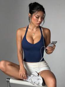 Dewbera Dewbera Women's Solid Color Fitted Ribbed Racerback Sports Tank Top - Navy Blue - View 6