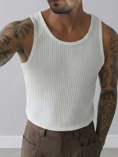 Manfinity Homme Men's Basic Off-White Sleeveless Textured Fabric Tank Top,Summer Casual Gym Vest,Suitable For Lounging,Layering,Outdoor Activities,Gift For Boyfriend