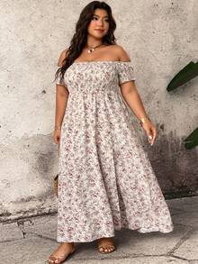 SHEIN CURVE+ Plus Size Casual Cottage Core Off-Shoulder Loose Fit Floral Print Split Hem Short Sleeve Dress Vacation Beige Summer - Multicolor - View 7