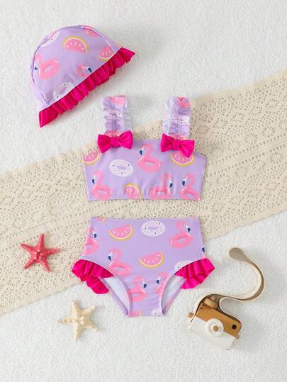 SHEIN GraphicGems 3pcs Baby Girls' Swimsuit Set With Cartoon Butterfly Print And Bow, Suitable For Beach, Pool, Swimming, Vacation, Includes Adorable Hat