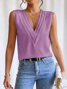 EMERY ROSE Casual Solid Color Sleeveless Shirt For Summer Women's Outfits Blouse Women Elegant Tops Beautiful Top,Summer Classy - Purple - View 3