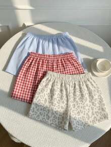 2026 Nuevo Set de 3 piezas de ropa casual y cómoda para mujer con estampado de rayas azul y blanco, lunares marrones, elegante y versátil para playa/vacaciones, uso de verano, shorts, de tela tejida - Multicolor 6 - Ver 2