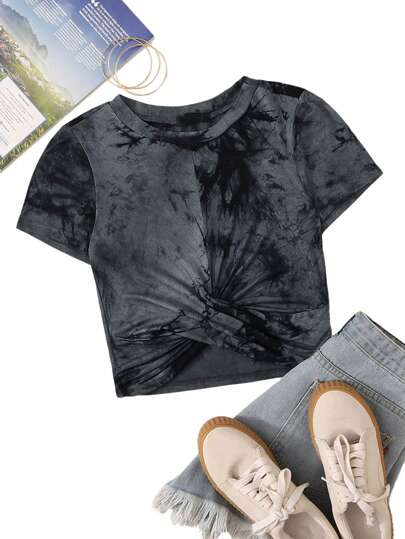 SHEIN EZwear Tie-Dye Wash Twist-Front Tee