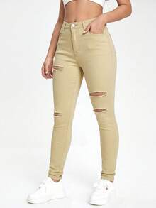 SHEIN EZwear 黑色斜插口袋破洞紧身牛仔裤 - 杏色 - 查看 5