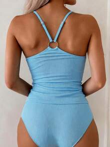 SHEIN Swim Bộ đồ bơi tankini nữ trơn, cổ chữ V sâu, không tay, có dây rút, gồm áo tank top và quần bơi, thích hợp cho du lịch, kỳ nghỉ, hồ bơi, bãi biển mùa hè. - Màu xanh lam - Xem 2