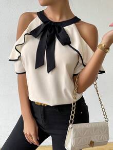 SHEIN Women's Bow Decor Ruffle Off-Shoulder Fashion Blouse - Apricot - View 6