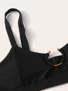 Swim Basics 素色比基尼套裝開口圓環連接可調整肩帶吊帶文胸和高腰下裝2入組泳衣 - 黑色 - 查看 5