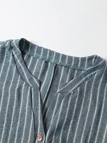 Linhara Plus Size Women Loose Casual Spring/Summer H-Shaped Notched Collar Cuff Turnover Striped Print Casual Shirt - Blue - View 4