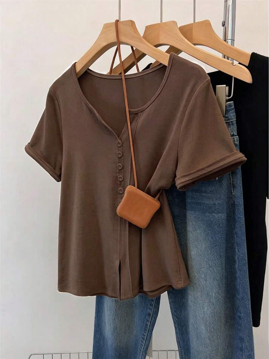 Resyla Plus Size Women Fashion Casual Retro Minimalist Romantic Button-Up T-Shirt - Coffee Brown - View 1