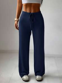 SHEIN EZwear 2件套女士休闲双色抽绳腰弹力直筒裤套装 - 藏蓝色 - 查看 4