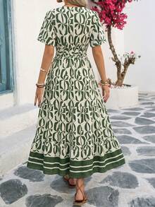 Vestido largo de mujer estilo francés para primavera/verano, casual de oficina y vacaciones, estampado floral azul & blanco, cuello en V, volantes en la cintura, línea A y mangas acampanadas - Gris - Ver 10