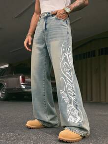 AXEPEAK Quần jeans ống loe thời trang mùa hè dành cho nam, có đai, đa năng, thích hợp mặc hàng ngày. - Màu xanh lam - Xem 1