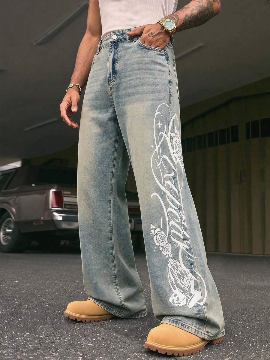 AXEPEAK Quần jeans ống loe thời trang mùa hè dành cho nam, có đai, đa năng, thích hợp mặc hàng ngày. - Màu xanh lam - Xem 1