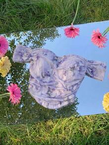 SHEIN MOD Atasan Wanita Ukuran Plus Modis Elegan dengan Hem Melengkung dan Bahu Terbuka - Purple - View 7