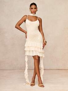 Lumalex Summer Sequin Spaghetti Strap Multilayer Ruffle Hem Mesh Patchwork Flowy Dress For Women,Cream White Elegant Party Luxury Wedding Guest Graduation - Apricot - View 8