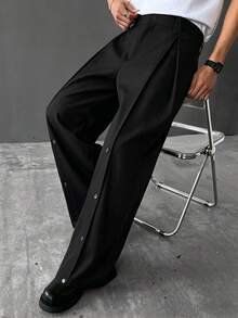 SLATEMANN Men's Solid Color Button Decor Pleated Casual Pants - Black - View 5