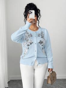 Elenzga 大码女式优雅刺绣纽扣开衫 - 淺藍色 - 查看 5