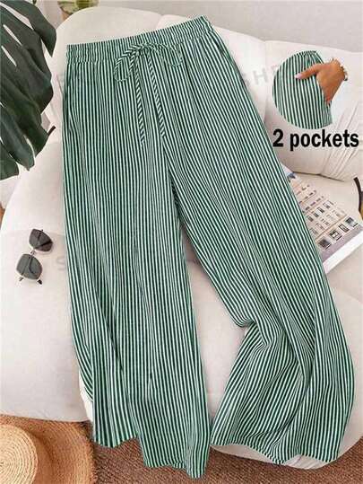 CosyJoli Plus Size Women Casual Vacation Striped Print Pockets Wide Leg Pants For Daily Commute