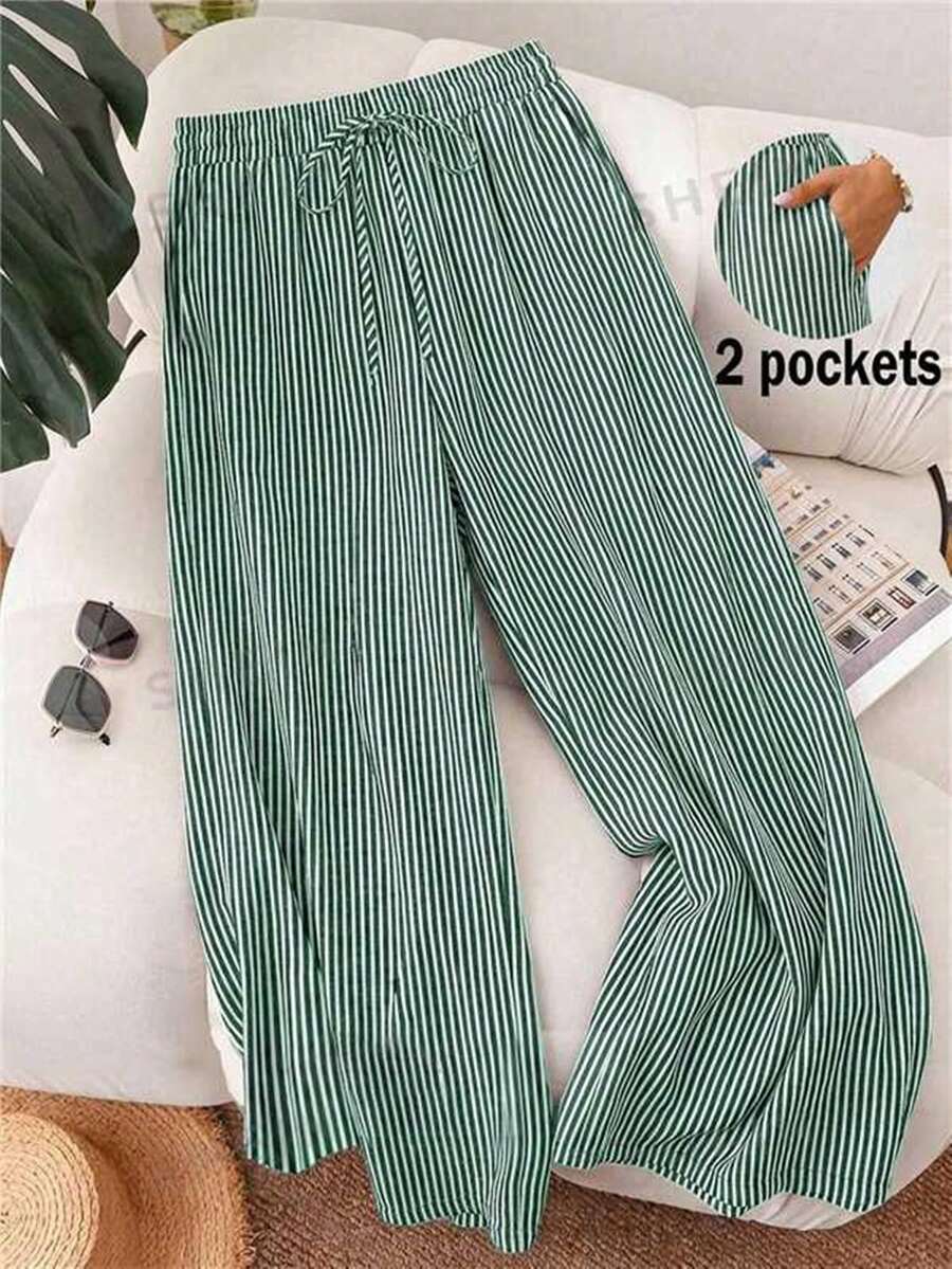 SHEIN Frenchy Celana Panjang Wanita Ukuran Besar Kasual untuk Liburan, Motif Garis-garis, Saku, Potongan Lebar, Cocok untuk Perjalanan Sehari-hari di Musim Gugur