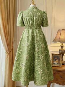 Rometta Áo blazer nữ cỡ lớn màu xanh lá cây kiểu vintage mới, tay phồng, họa tiết hoa 3D dập nổi, cổ bẻ, cài cúc đôi, eo thon gọn, thanh lịch, xếp ly, thích hợp cho đi làm, hẹn hò, dự tiệc, đám cưới. - Nhiều màu - Xem 2