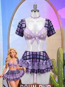 Fantasy Costume Fantasy Costume Bộ đồ lót gợi cảm 3 món in họa tiết kẻ caro, phối ren và nơ, cỡ lớn. - Màu tím - Xem 8