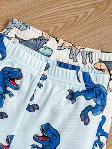(Random 5 Set Send 2 Set)2pcs/Set Young Boy Snug Fit Cute Cartoon Dinosaur Print Short Sleeve Shorts Knit Soft & Breathable Pajama Set - Multicolor - View 4