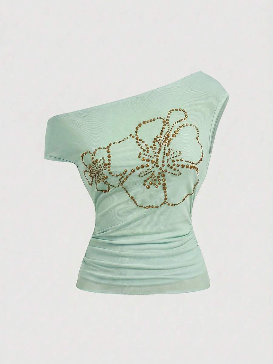 ROMWE Y2K Hibiscus Rivet Sequin Decor Women Asymmetric Shoulder Fitted Top - Green - View 1