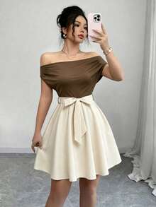 Vestido elegante sin mangas con cuello drapeado y cintura retorcida de color contrastante para mujer - Multicolor - Ver 5
