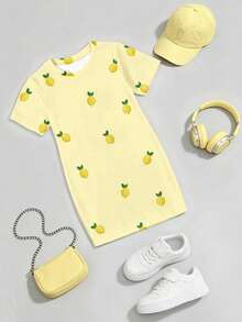 Elladie kids 春夏女童休闲时尚创意柠檬图案T恤连衣裙，舒适日常穿着，适合春、夏、秋季穿着。 - 彩色 - 查看 4
