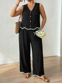 Lounesse Plus Size Women 2 Pieces Set: Single-Breasted Vest And Pants, Casual Vacation Black Outfit Sets For Women Casual Beach Holiday Two Pieces Set For Women - Black - View 9