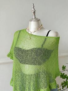 SHEIN EZwear 大码女式橄榄绿钩针编织披肩，荷叶边下摆，休闲半透明，适合外出和约会 - 軍綠色 - 查看 3