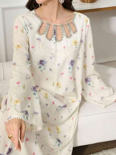 Yasmyna Women's Floral Print Hollow Out Design Long Sleeve Elegant Arabic Dress