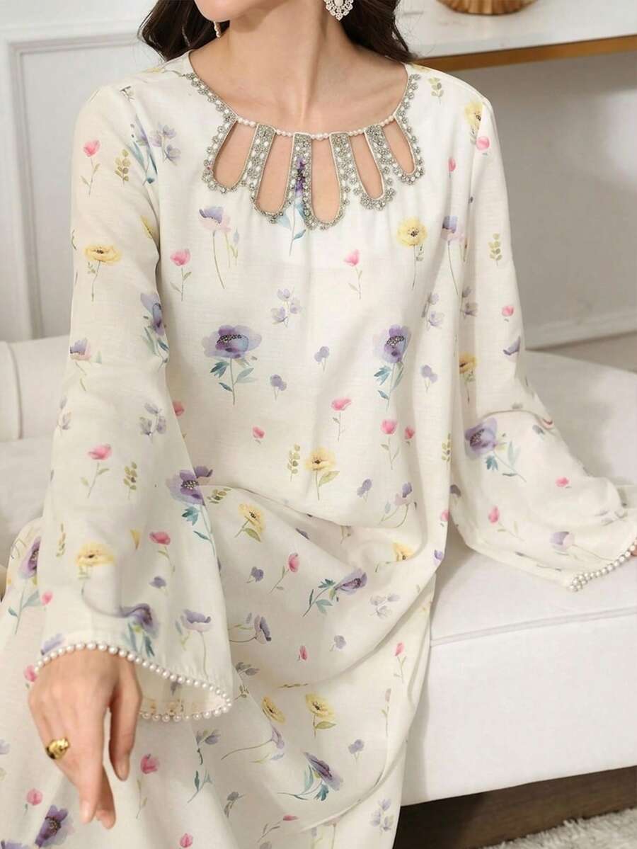 Yasmyna 女士花卉印花镂空设计长袖优雅阿拉伯连衣裙 - 彩色 - 查看 1