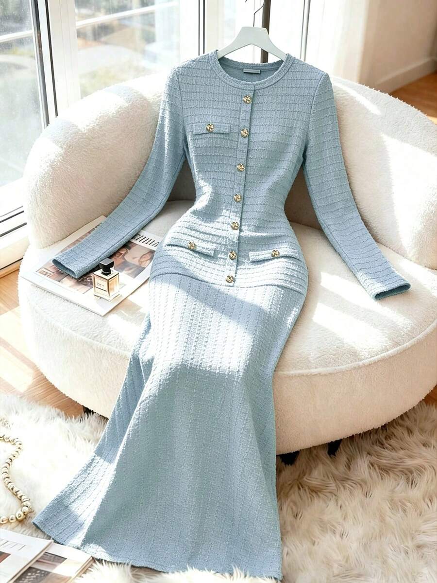 Modelyn 优雅长款酒红色椭圆领连衣裙，适合女士冬季外出穿着