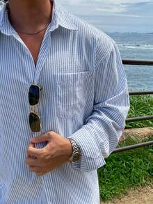 DAZY Blue Striped Long Sleeve Shirt For Men, Spring - Blue - View 4