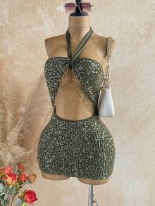 Soleia Army Green Sequin Tassel Decor Halter Backless Mini Dress,70s Boho Summer Night Out Party Vacation Beach Cruise Road Trip Holiday Music Festival - Green - View 10