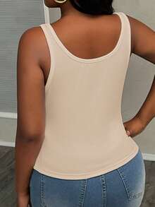 Slaydiva Women Plus Size Casual Basic Racerback Sleeveless Deep V-Neck Ribbed Side Ruched White Semi-Sheer Tank Top - Beige - View 2