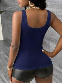 Slaydiva Casual Basic Racerback Sleeveless Deep V-Neck Ribbed Camisole,Summer Top - Navy Blue - View 2