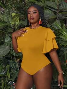 Slaydiva Plus Size Summer Holiday Multilayer Ruffle Sleeve Bodycon Bodysuit Bodysuits For Women Pluswhite Bodysuitplus Size Bodysuit - Mustard Yellow - View 3